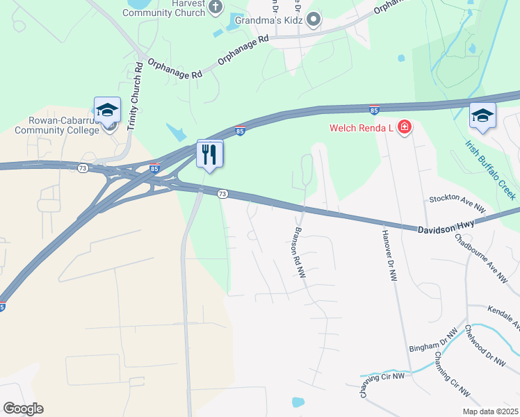map of restaurants, bars, coffee shops, grocery stores, and more near 1200 Rural Drive Northwest in Concord