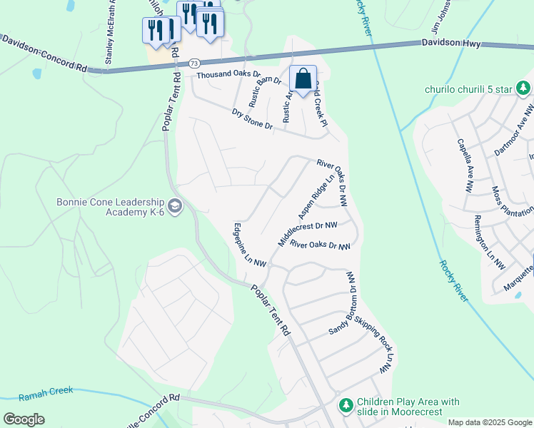 map of restaurants, bars, coffee shops, grocery stores, and more near 1452 Overlea Place Northwest in Concord