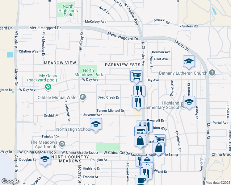 map of restaurants, bars, coffee shops, grocery stores, and more near 281 Redwood Meadow Drive in Bakersfield