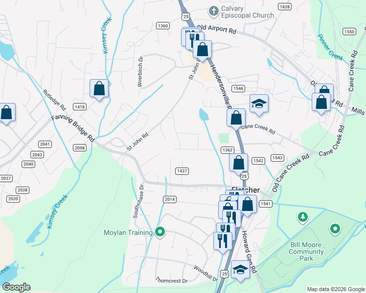 map of restaurants, bars, coffee shops, grocery stores, and more near 92 Poteat Street in Fletcher
