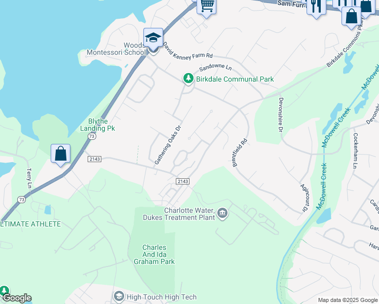 map of restaurants, bars, coffee shops, grocery stores, and more near 15504 Sullivan Glen Way in Huntersville