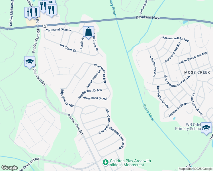 map of restaurants, bars, coffee shops, grocery stores, and more near 11131 River Oaks Drive Northwest in Concord