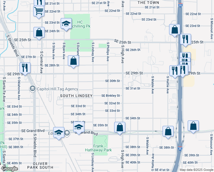 map of restaurants, bars, coffee shops, grocery stores, and more near 3009 South Phillips Avenue in Oklahoma City