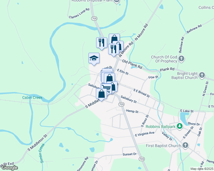 map of restaurants, bars, coffee shops, grocery stores, and more near 131 South Middleton Street in Robbins