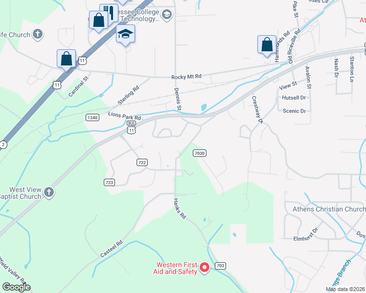 map of restaurants, bars, coffee shops, grocery stores, and more near 13 Shawnee Trail in Athens