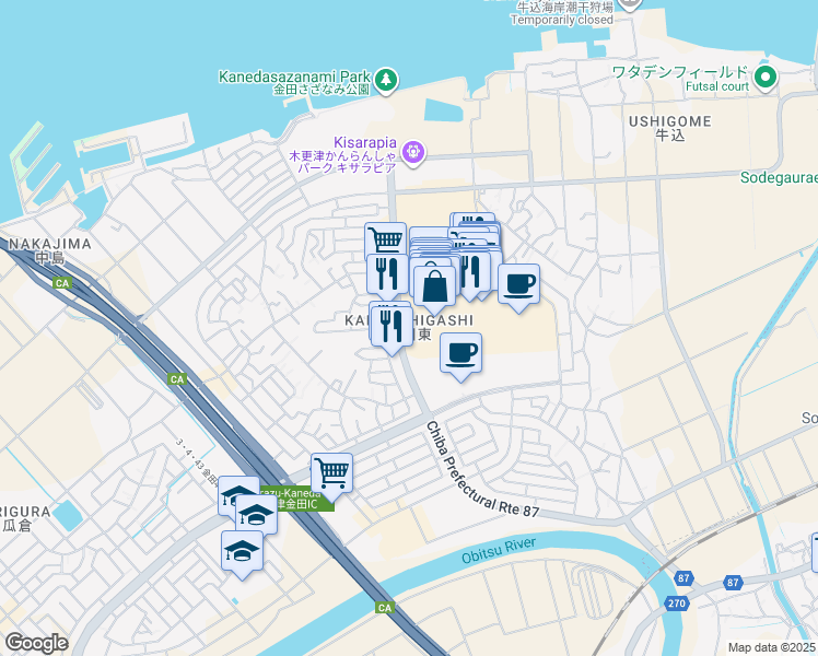 map of restaurants, bars, coffee shops, grocery stores, and more near in Kisarazu