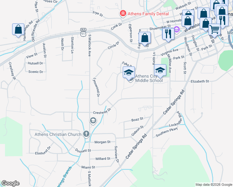 map of restaurants, bars, coffee shops, grocery stores, and more near 514 Lynnwood Drive in Athens