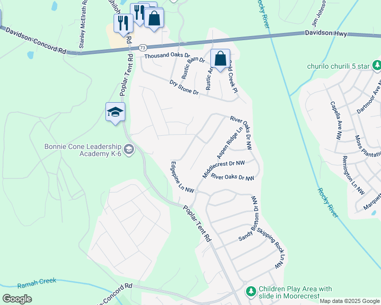 map of restaurants, bars, coffee shops, grocery stores, and more near 11147 River Oaks Drive Northwest in Concord