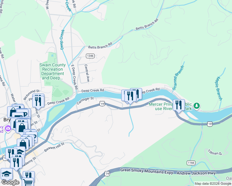 map of restaurants, bars, coffee shops, grocery stores, and more near 864 Old River Road in Bryson City