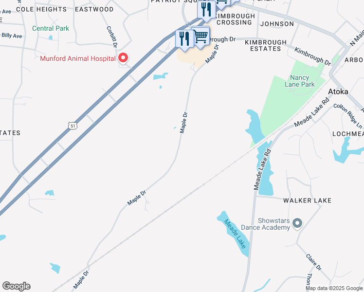 map of restaurants, bars, coffee shops, grocery stores, and more near 403 Maple Drive in Atoka