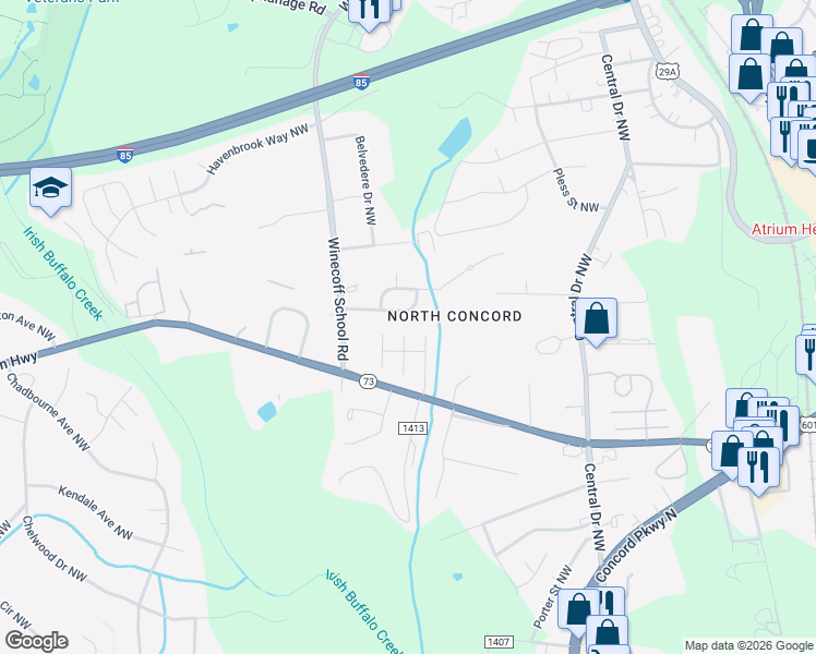 map of restaurants, bars, coffee shops, grocery stores, and more near 424 Winecoff Woods Drive Northwest in Concord