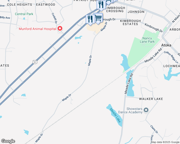 map of restaurants, bars, coffee shops, grocery stores, and more near 403 Maple Drive in Atoka