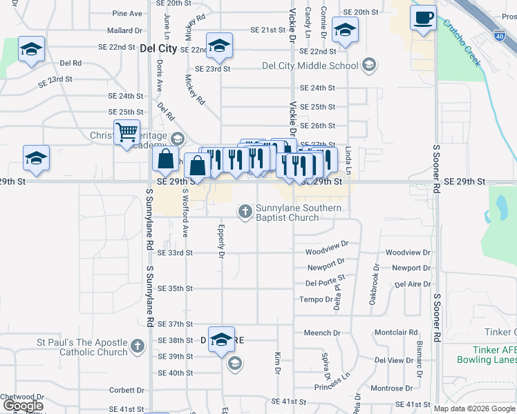map of restaurants, bars, coffee shops, grocery stores, and more near 3000-3098 S Holliday Ave in Del City