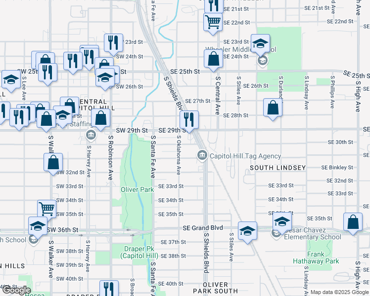 map of restaurants, bars, coffee shops, grocery stores, and more near 108 Southeast 30th Street in Oklahoma City