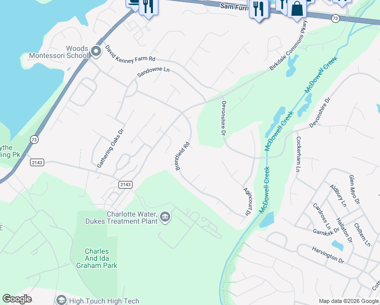 map of restaurants, bars, coffee shops, grocery stores, and more near 8804 Brentfield Road in Huntersville