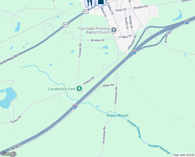 map of restaurants, bars, coffee shops, grocery stores, and more near 181 Parker Road in Four Oaks