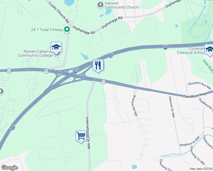 map of restaurants, bars, coffee shops, grocery stores, and more near 4211 Davidson Highway in Concord