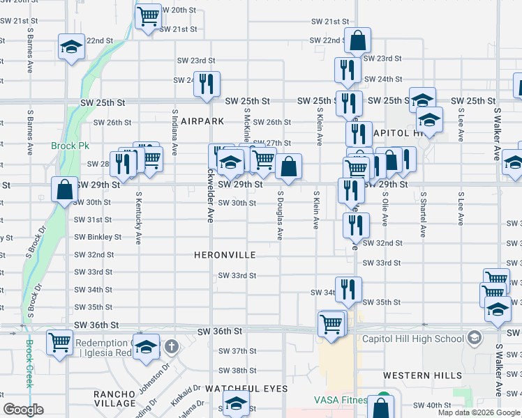 map of restaurants, bars, coffee shops, grocery stores, and more near 1125 Southwest 30th Street in Oklahoma City