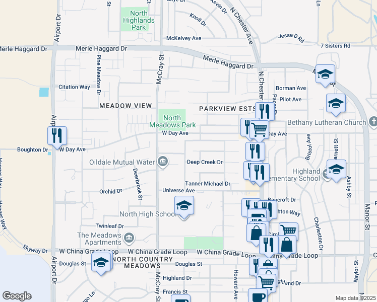 map of restaurants, bars, coffee shops, grocery stores, and more near 3112 Meadow Ridge Avenue in Bakersfield