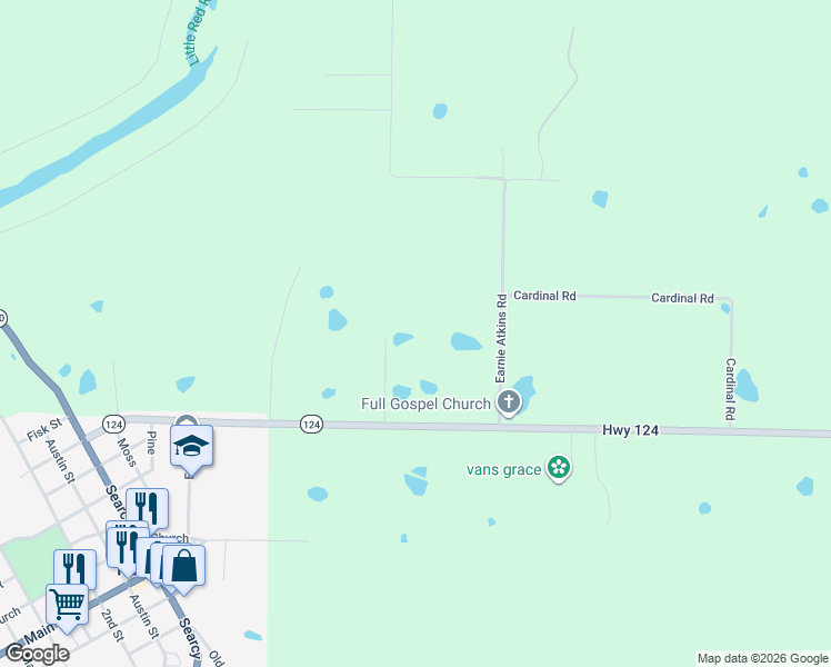 map of restaurants, bars, coffee shops, grocery stores, and more near 173 Highway 124 in Pangburn