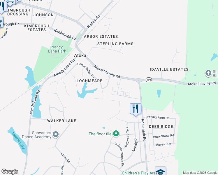 map of restaurants, bars, coffee shops, grocery stores, and more near 85 Lochmeade Drive in Atoka