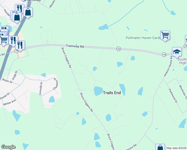 map of restaurants, bars, coffee shops, grocery stores, and more near 43 Pinewood Trail in Sanford
