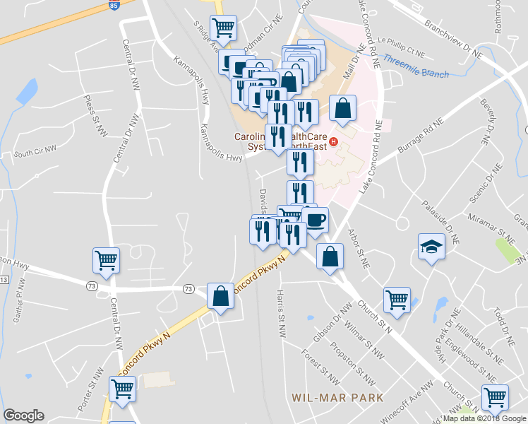 map of restaurants, bars, coffee shops, grocery stores, and more near 939 Davidson Drive Northwest in Concord