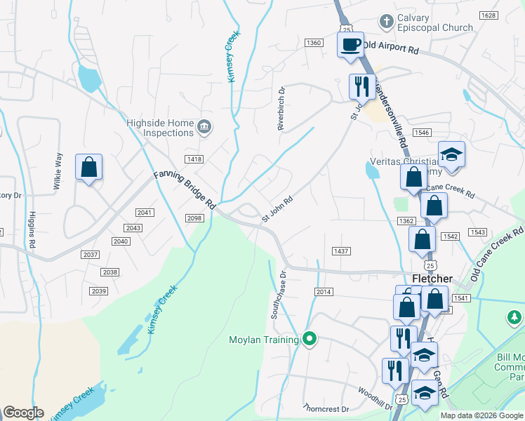 map of restaurants, bars, coffee shops, grocery stores, and more near 64 Grove End Road in Fletcher