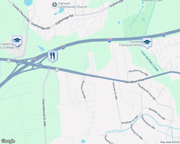 map of restaurants, bars, coffee shops, grocery stores, and more near 1524 Cambridge Heights Place Northwest in Concord