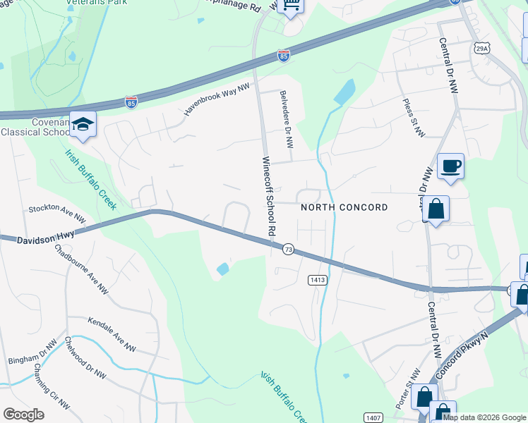 map of restaurants, bars, coffee shops, grocery stores, and more near 359 Winecoff Woods Drive Northwest in Concord