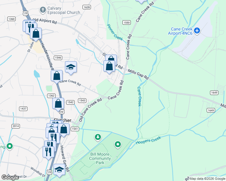 map of restaurants, bars, coffee shops, grocery stores, and more near 165 Cane Creek Road in Fletcher
