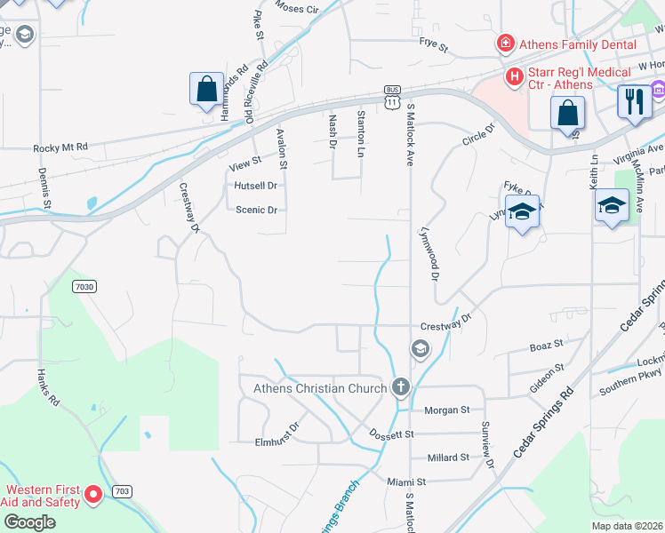 map of restaurants, bars, coffee shops, grocery stores, and more near 1340 English Lane in Athens