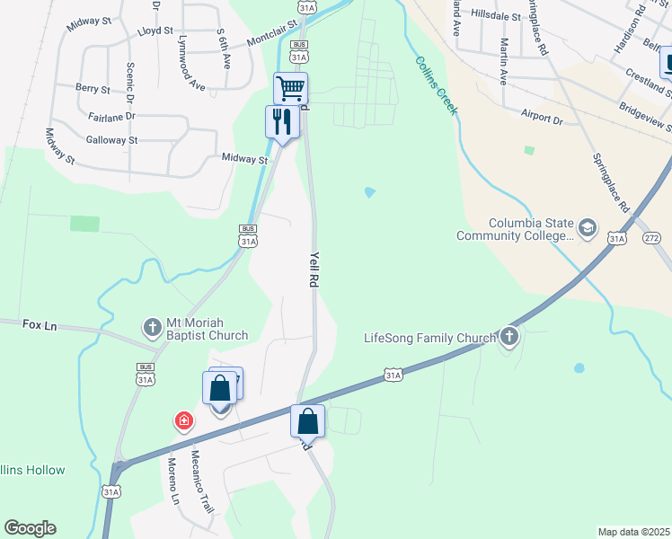 map of restaurants, bars, coffee shops, grocery stores, and more near 875 Yell Road in Lewisburg