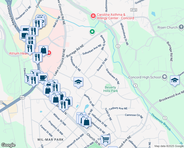 map of restaurants, bars, coffee shops, grocery stores, and more near 154 Beverly Drive Northeast in Concord