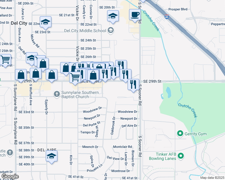 map of restaurants, bars, coffee shops, grocery stores, and more near 5004 Southeast 29th Street in Del City