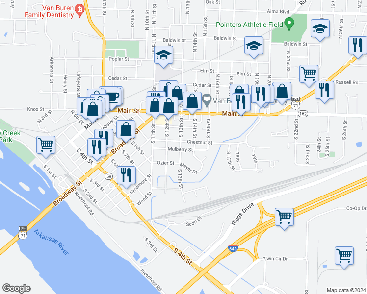map of restaurants, bars, coffee shops, grocery stores, and more near 1304 Chestnut St in Van Buren