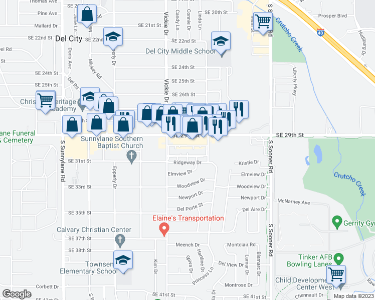 map of restaurants, bars, coffee shops, grocery stores, and more near 4718 Southeast 29th Street in Del City