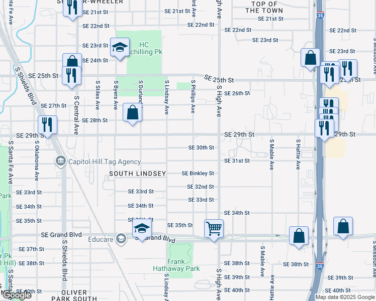 map of restaurants, bars, coffee shops, grocery stores, and more near 3009 South Phillips Avenue in Oklahoma City