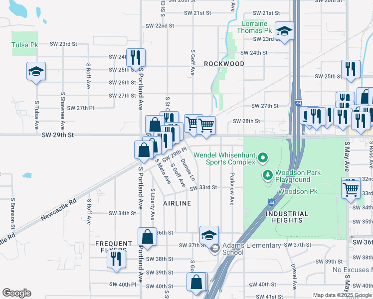 map of restaurants, bars, coffee shops, grocery stores, and more near 3009 South Dumas Avenue in Oklahoma City