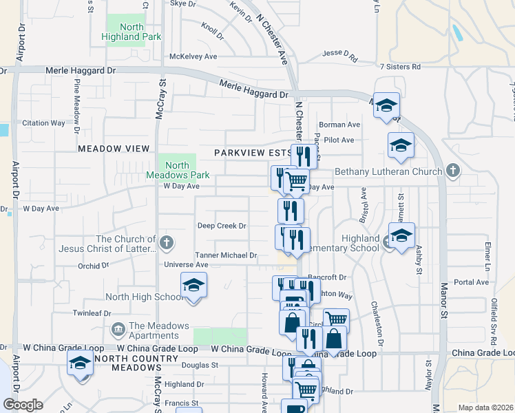 map of restaurants, bars, coffee shops, grocery stores, and more near 243 Bighorn Meadow Drive in Bakersfield