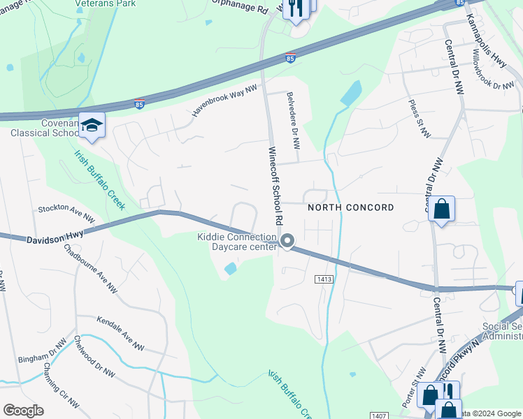 map of restaurants, bars, coffee shops, grocery stores, and more near 2882 Mountcrest Circle Northwest in Concord