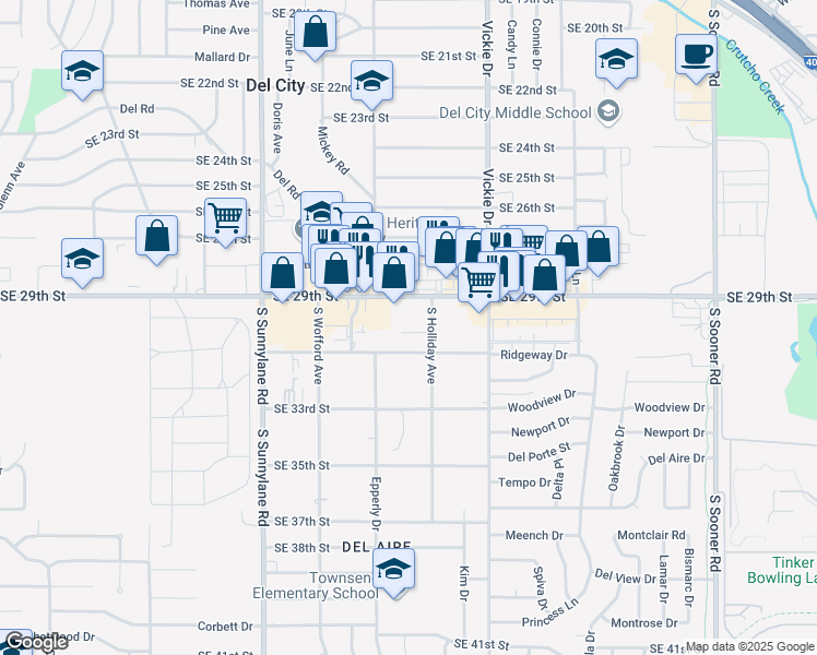 map of restaurants, bars, coffee shops, grocery stores, and more near 4524 Southeast 29th Street in Del City