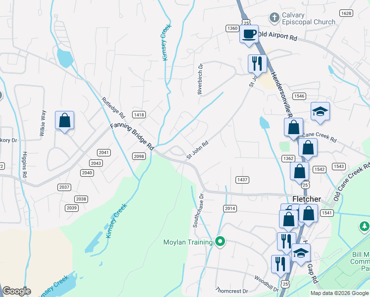 map of restaurants, bars, coffee shops, grocery stores, and more near 64 Grove End Road in Fletcher