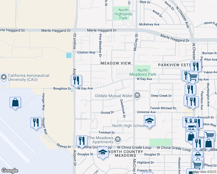 map of restaurants, bars, coffee shops, grocery stores, and more near 3013 Pinecreek Court in Bakersfield