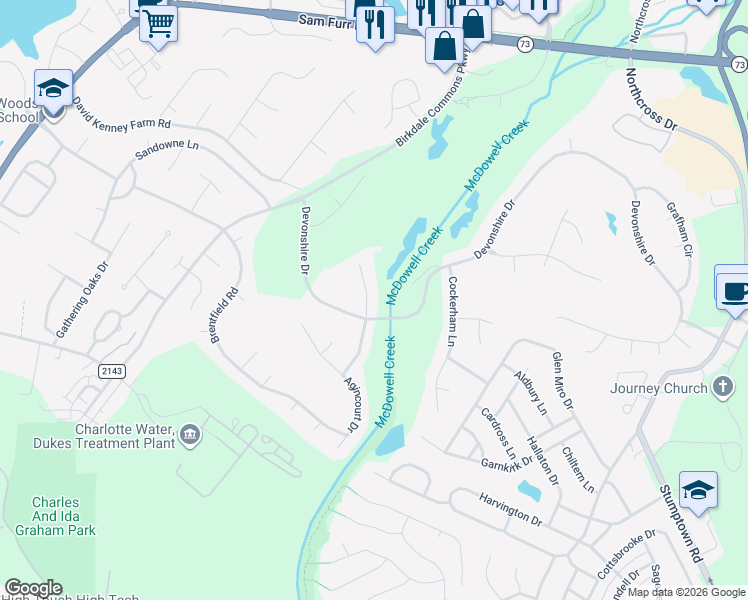 map of restaurants, bars, coffee shops, grocery stores, and more near 16022 Stonemont Road in Huntersville