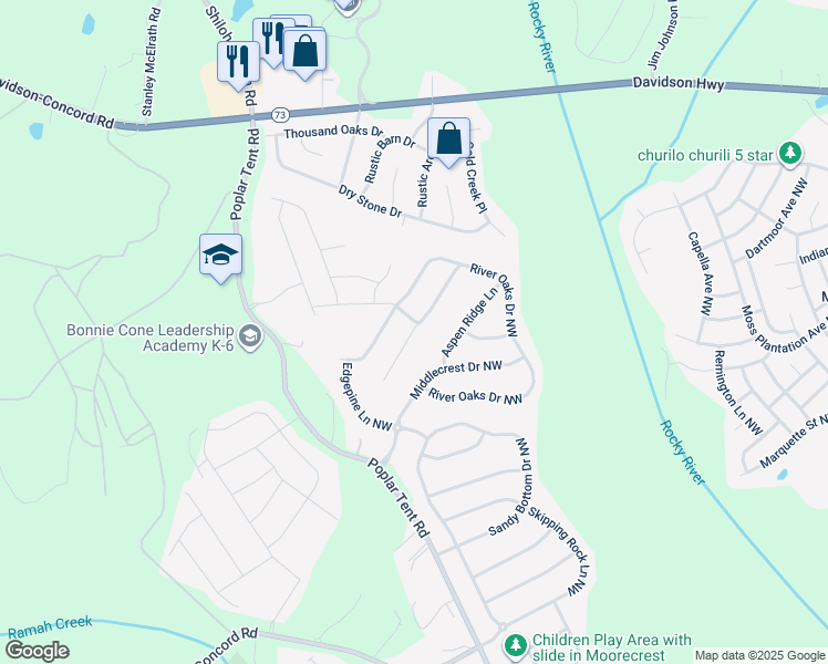 map of restaurants, bars, coffee shops, grocery stores, and more near 1417 Overlea Place Northwest in Concord