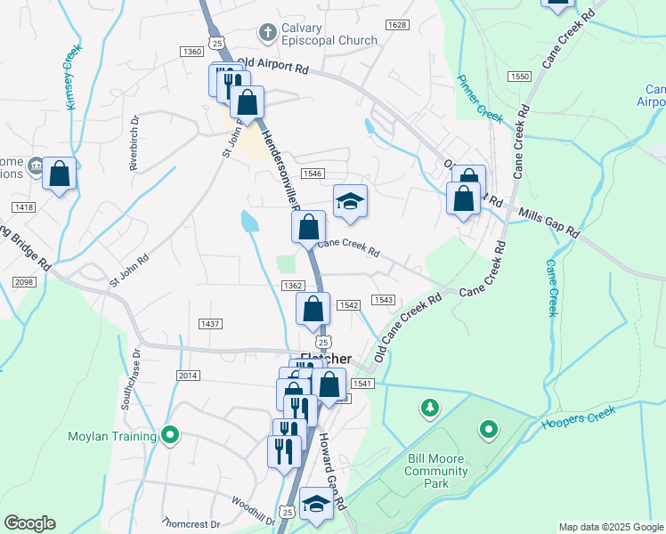 map of restaurants, bars, coffee shops, grocery stores, and more near 47 Pressley Hill Road in Fletcher