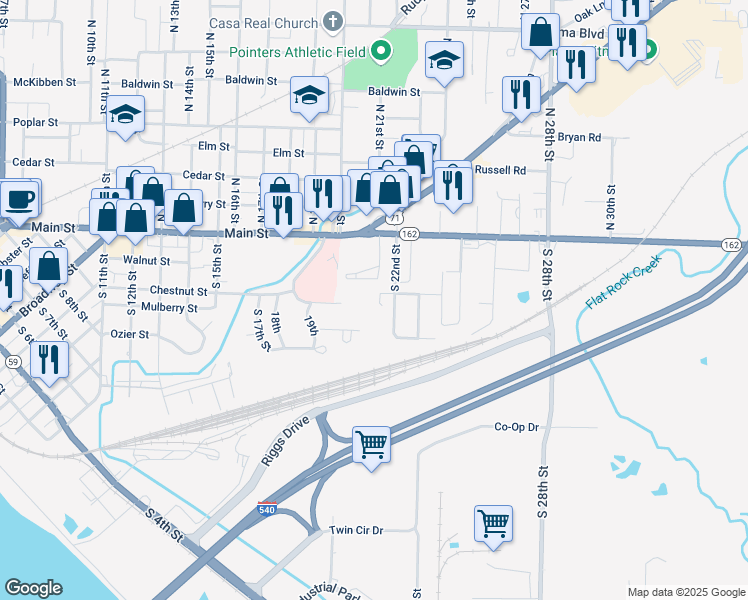 map of restaurants, bars, coffee shops, grocery stores, and more near 223 Crawford Memorial Drive in Van Buren