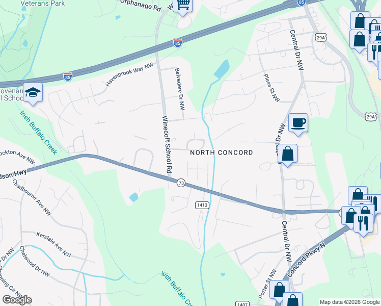 map of restaurants, bars, coffee shops, grocery stores, and more near 396 Winecoff Woods Drive Northwest in Concord