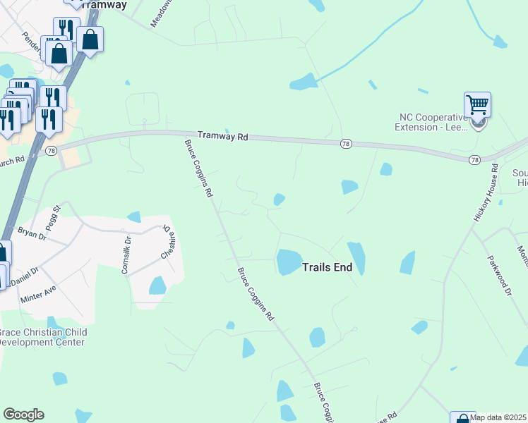 map of restaurants, bars, coffee shops, grocery stores, and more near 43 Pinewood Trail in Sanford